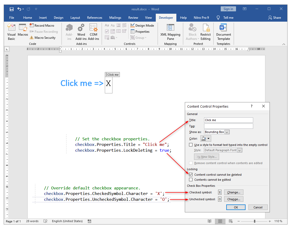 insert a check box content control
