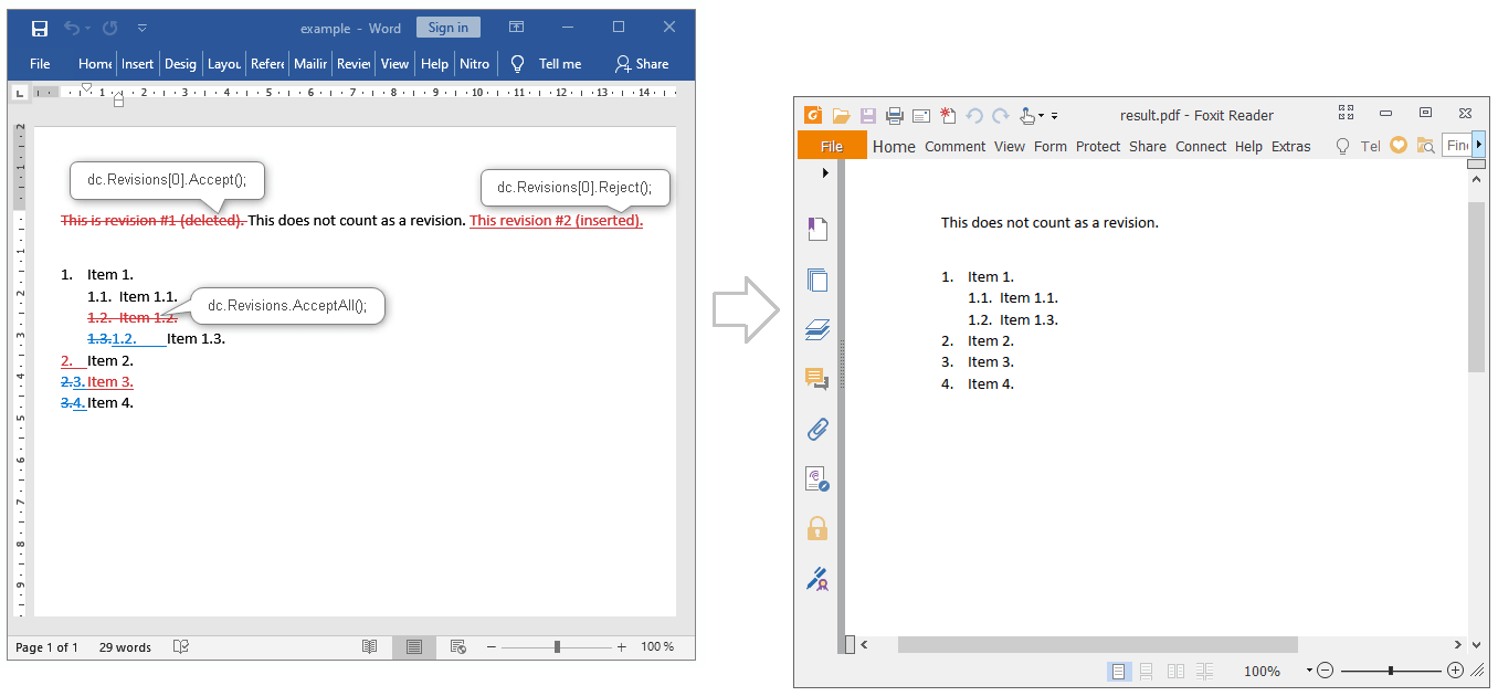 Convert DOCX with revisions to PDF format