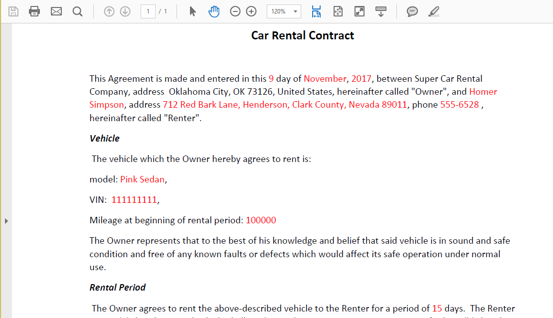 Car Rental contract in PDF.