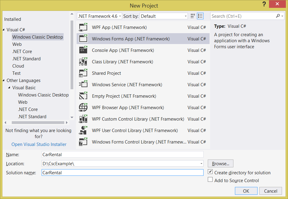 Create new WinForms C# Application (.Net Framework) with name CarRental