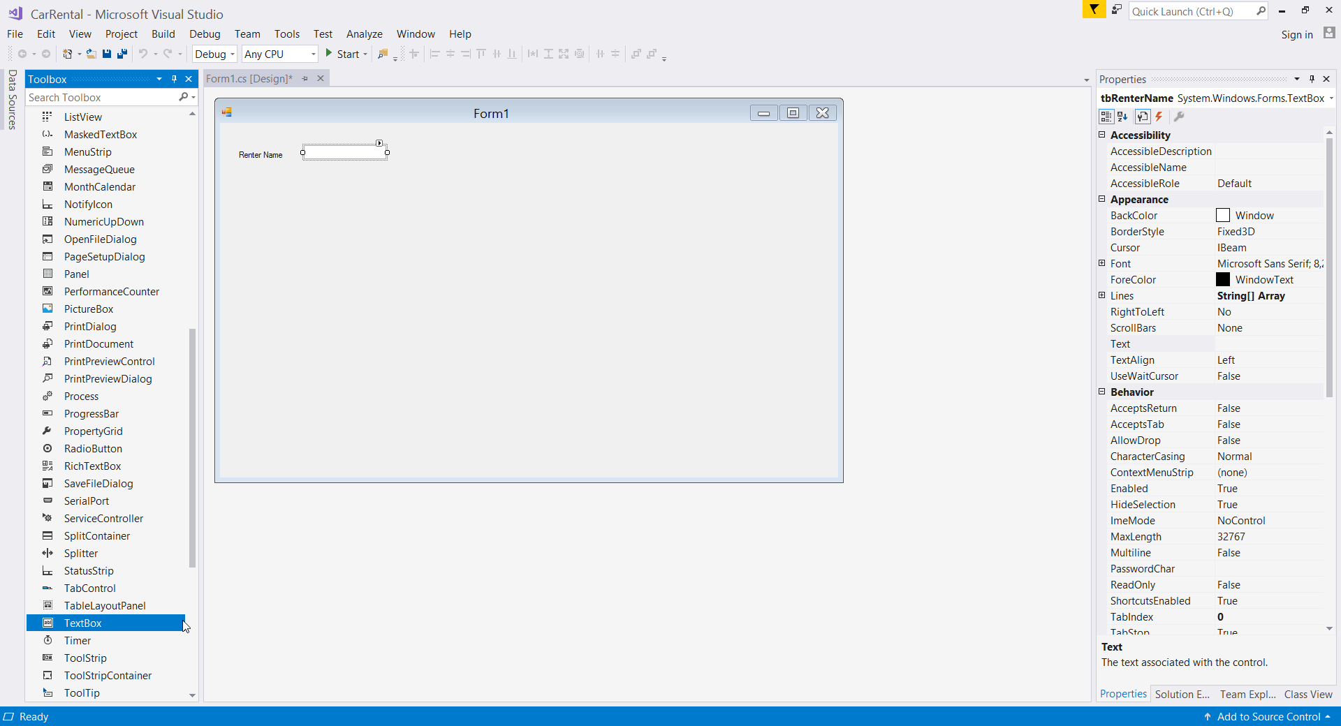 Add TextBox control with name tbRenterName.
