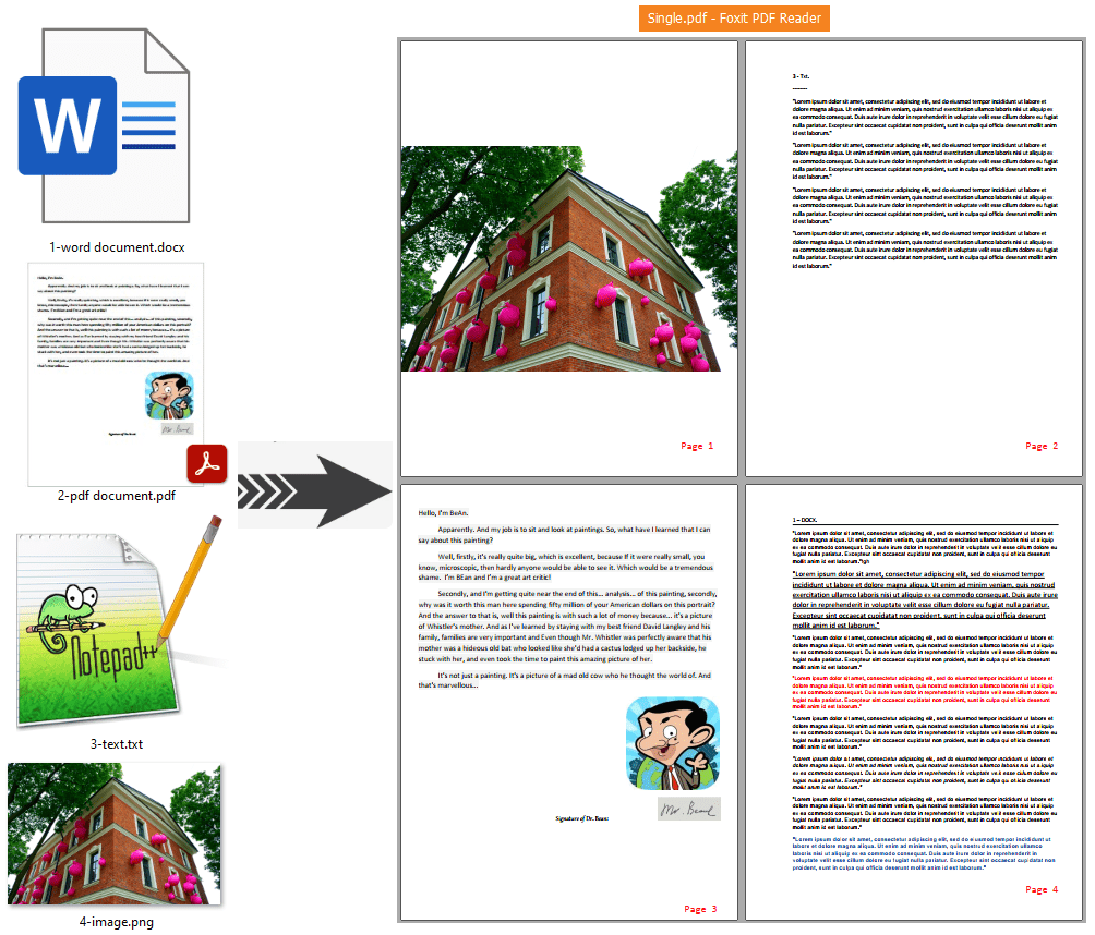 merge multiple files into single pdf add page numbering